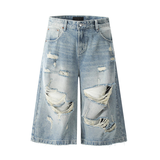 Men's Vintage Distressed Denim Shorts - Loose Fit Summer Style
