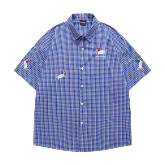 Retro Dachshund Embroidered Short Sleeve Shirt for Men and Women