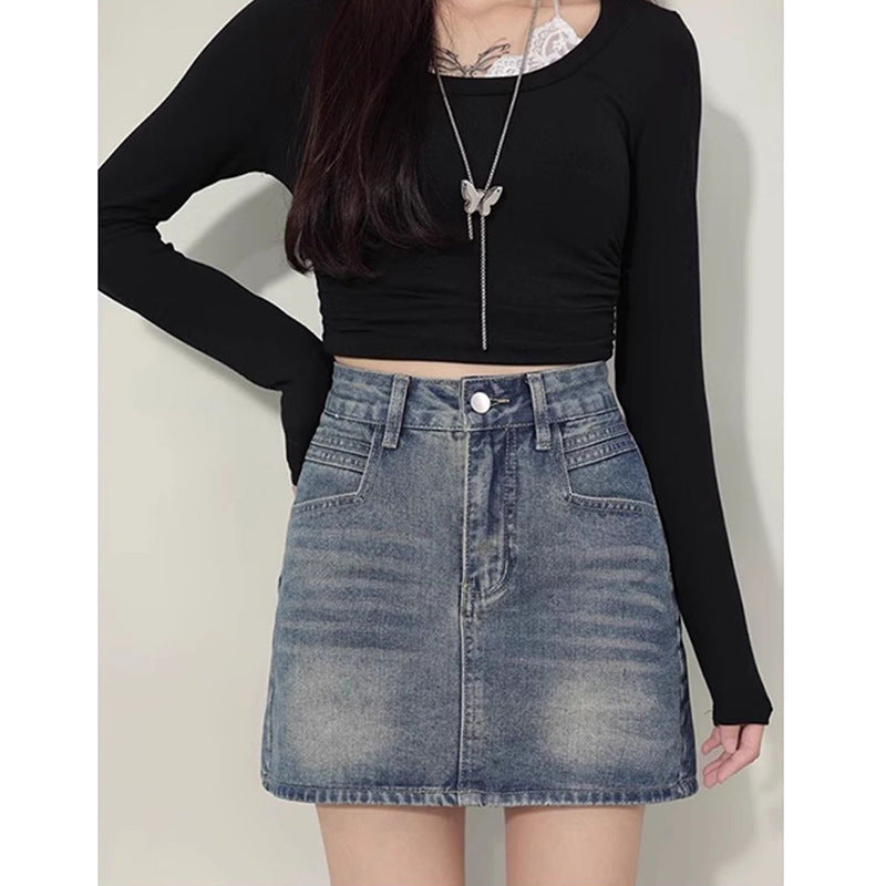 Lazy Style Unique Denim A-Line Skirt for Women – High Waist Slimming Short Skirt