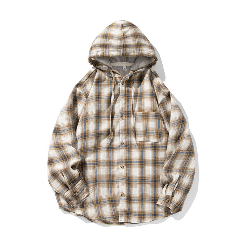 Color Blocked Plaid Hooded Long Sleeved Shirt for Men