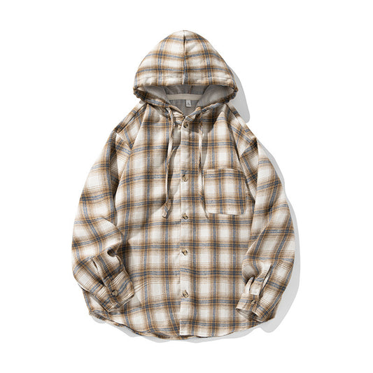 Color Blocked Plaid Hooded Long Sleeved Shirt for Men