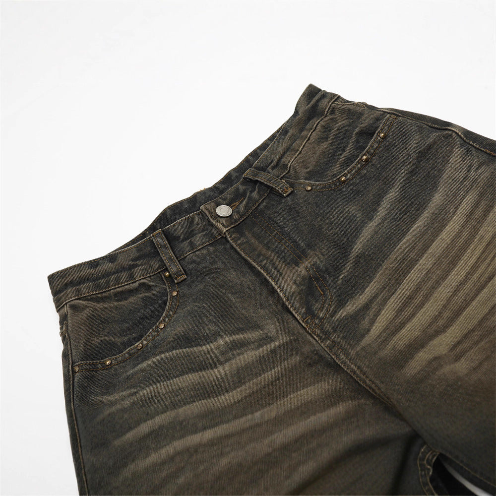 Men's Denim Jeans with Cat Whisker Distressed Wash, Loose Fit Straight Leg Casual Pants