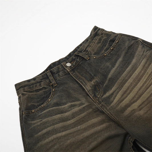 Men's Denim Jeans with Cat Whisker Distressed Wash, Loose Fit Straight Leg Casual Pants