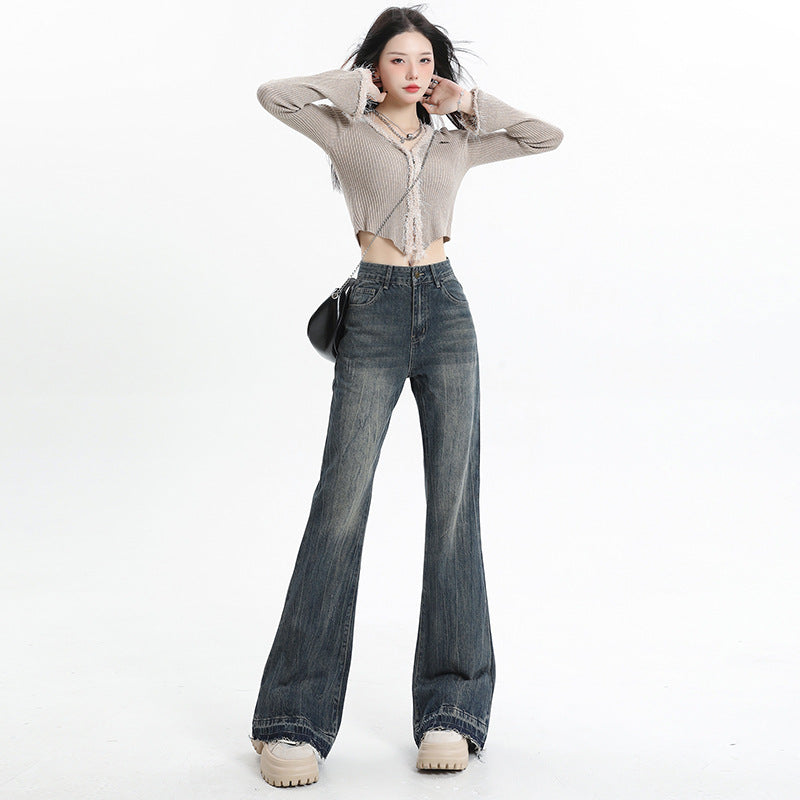 Wide Leg Flared Pants High Waist Long Length Loose Fit Raw Hem Denim Jeans for Women