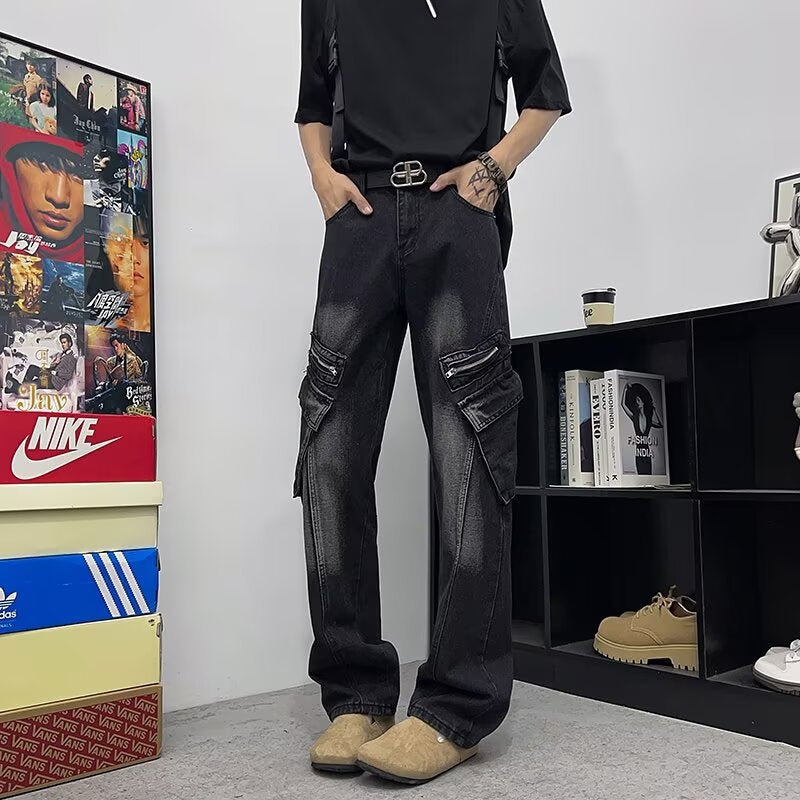 Multi Pocket Zipper Denim Distressed Workwear Straight Leg Pants