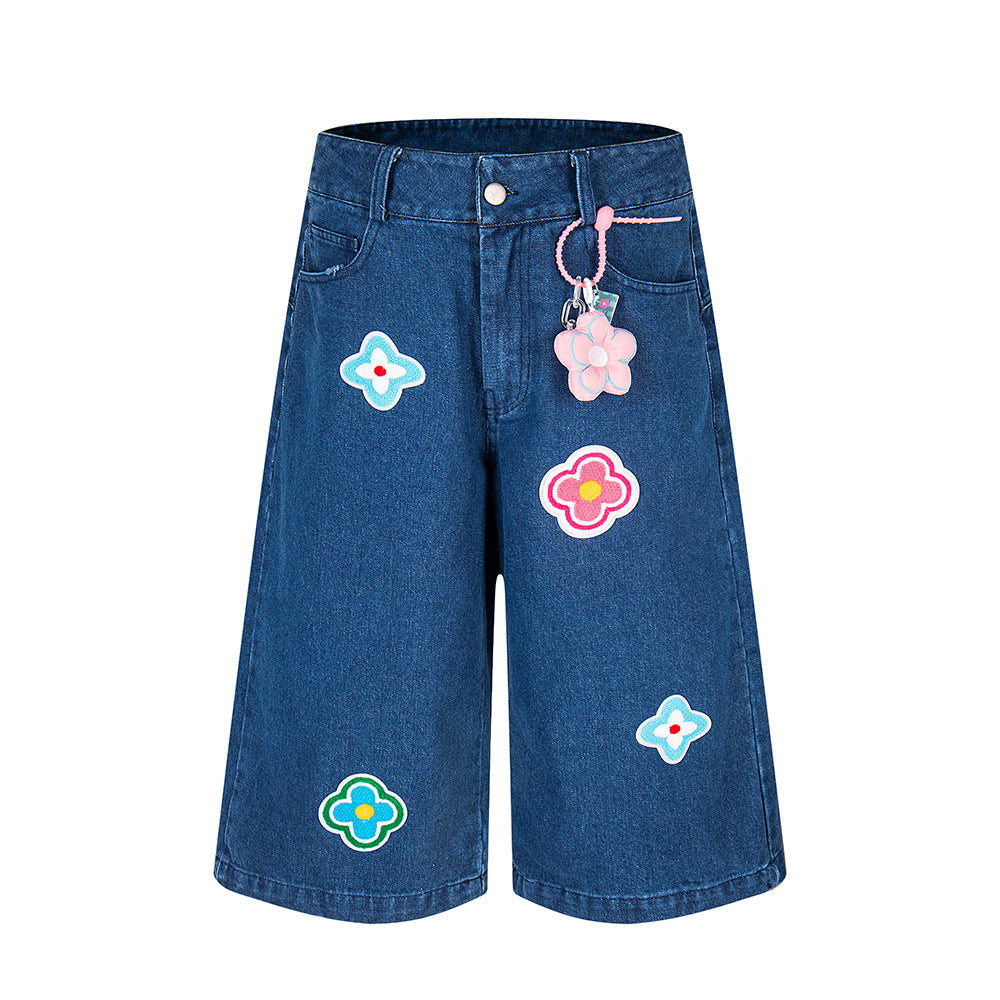 Petal Patch Fabric Denim Shorts