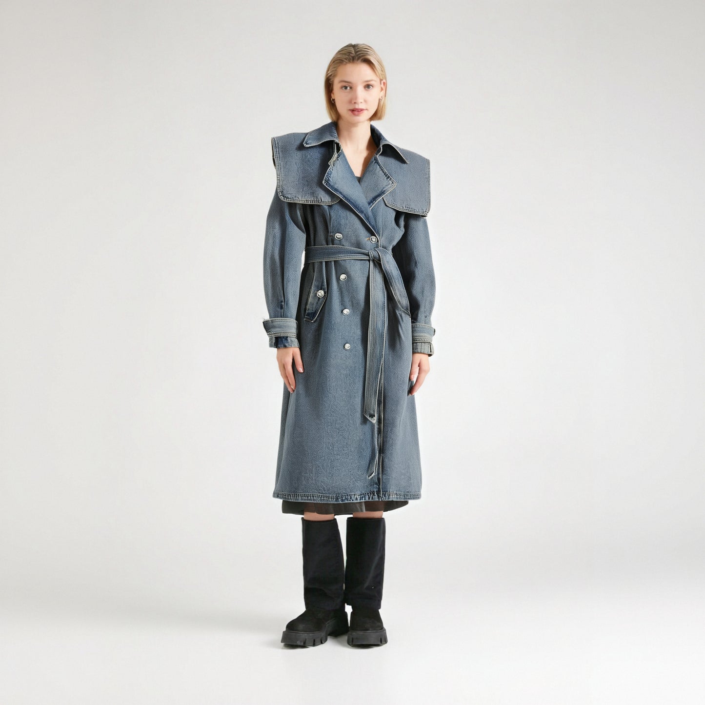 Plus Size Long Blue Denim Trench Coat for Women