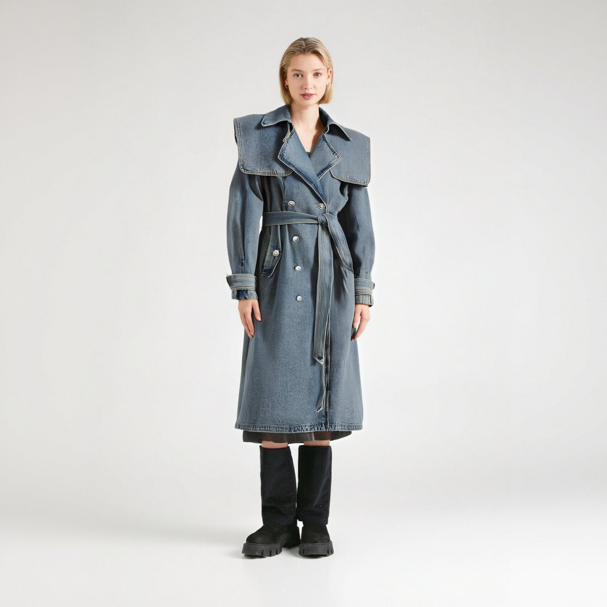 Plus Size Long Blue Denim Trench Coat for Women