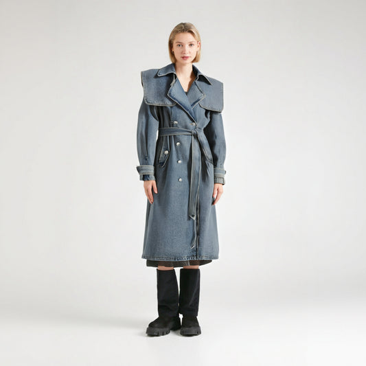 Plus Size Long Blue Denim Trench Coat for Women