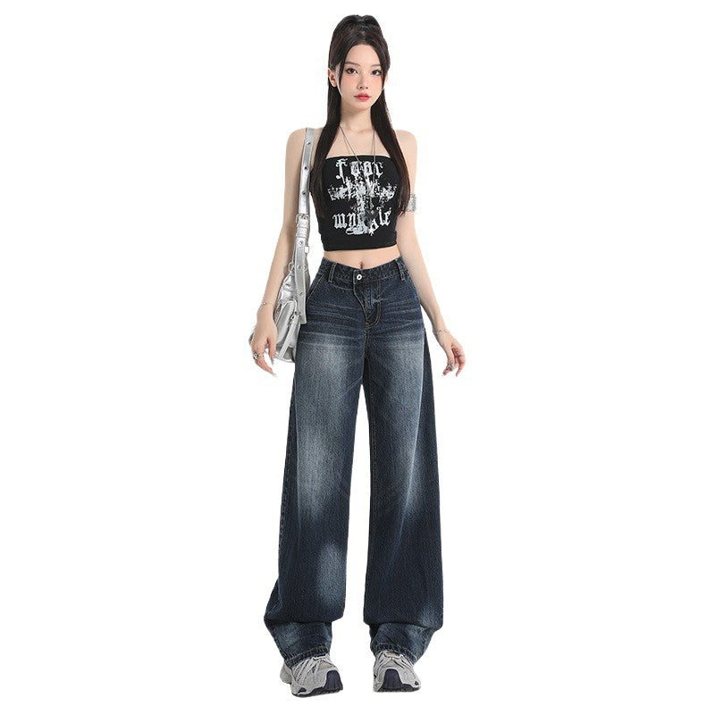 Washed Cat Whisker Wide Leg Jeans for Women - Unique Vintage Design