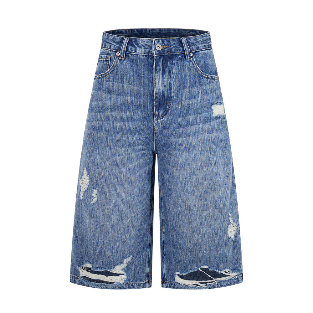 Ripped Blue Denim Shorts — Mid Rise Straight Fit for Casual Street Style