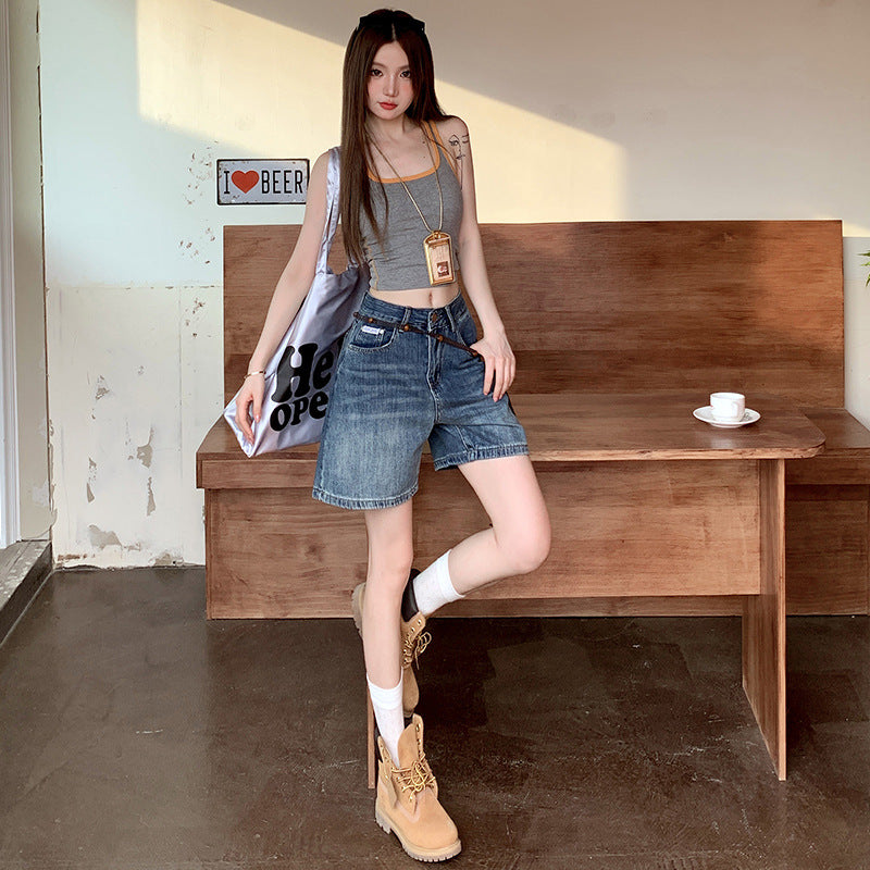 High Waist Slim Straight Leg Denim Shorts for Women