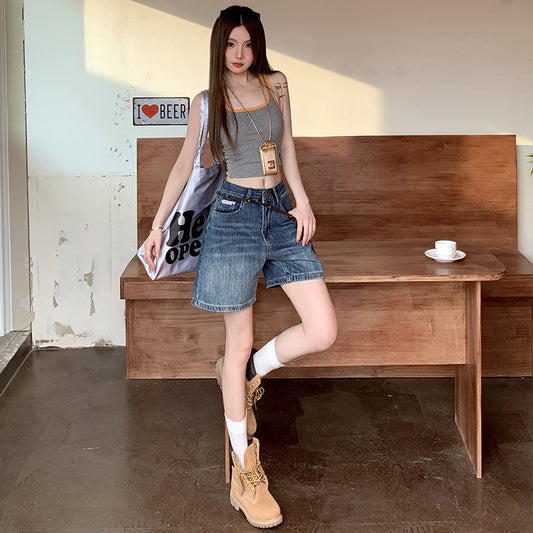 High Waist Slim Straight Leg Denim Shorts for Women