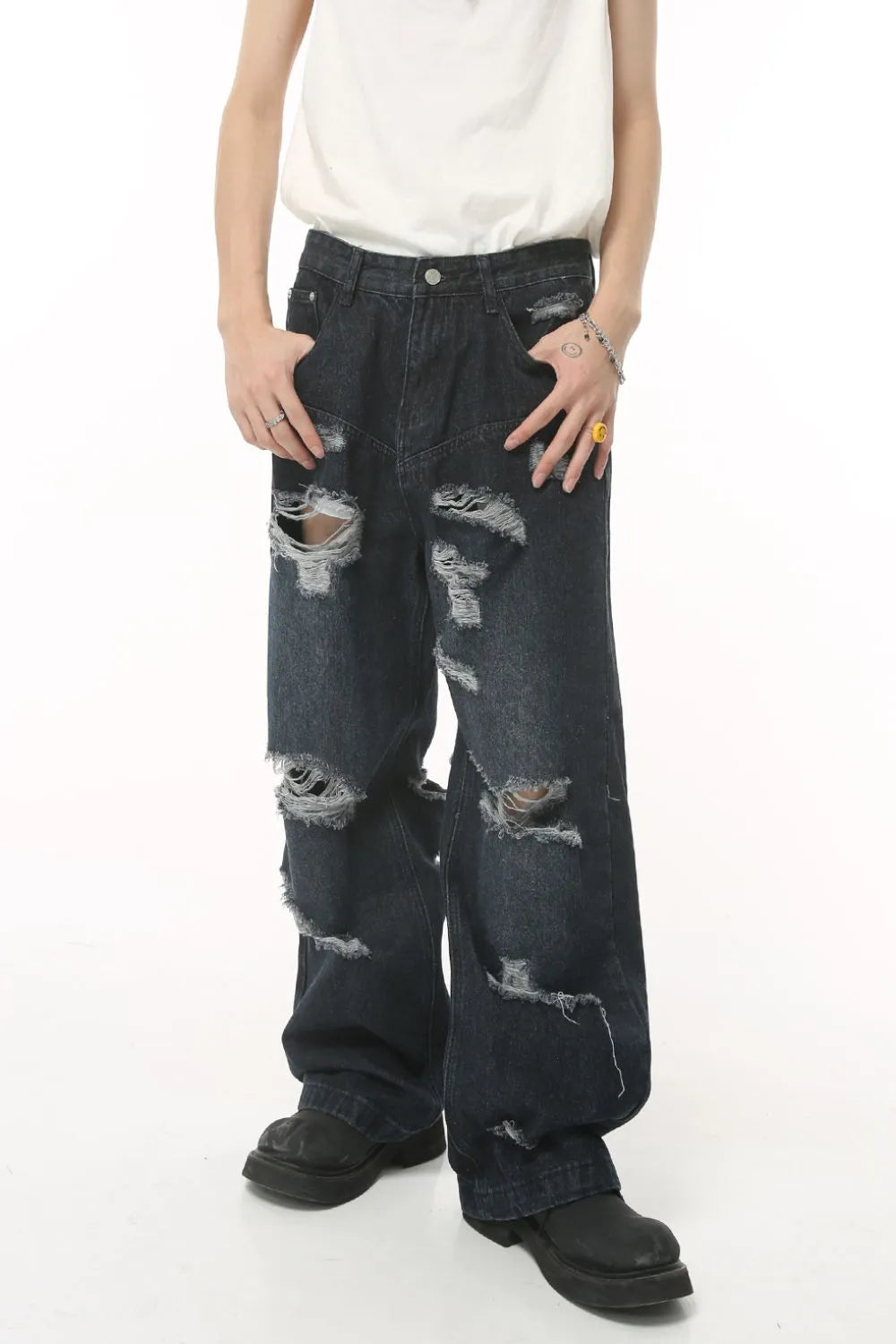 Distressed Wide Leg Pocketed Men's Jeans - Premium Japanese Denim