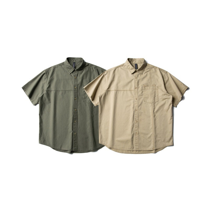 Patch Washed Loose Workwear Short Sleeved Shirt for Men