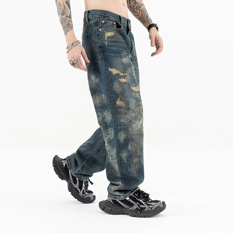 Men's Water-Washed Casual Straight Jeans with High-End Distressed Design