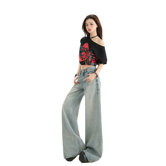 Light Blue Washed Wide-Leg Floor-Length Pants - High Street Loose Fit