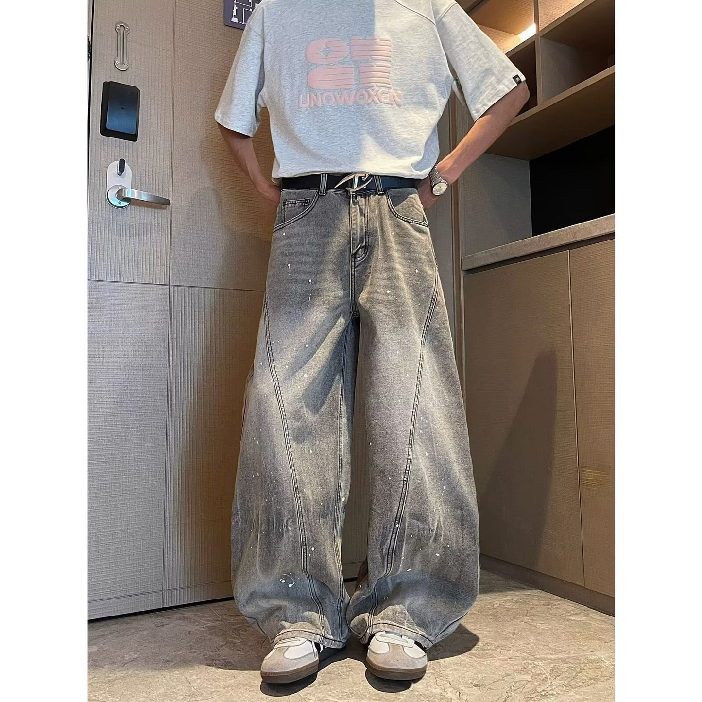 Retro Washed Curved Knife Denim Loose Drape Wide Leg Floor Length Pants