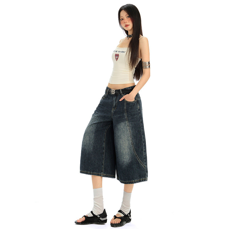 Women's Dark Denim Wide-Leg Straight-Leg Pants