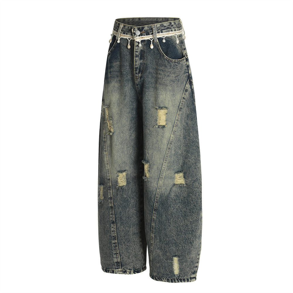 Punk Retro Washed Distressed Denim Wide-Leg Pants - Men's  Loose Fit Flared Trousers