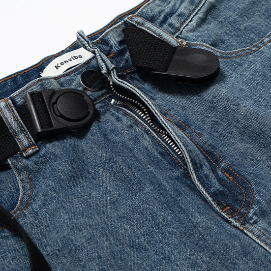 Solid Color Distressed Washed Straight Leg Denim Shorts