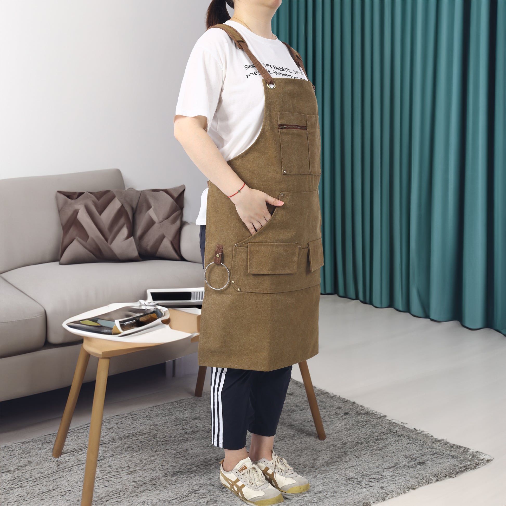 Long Heavy Duty Canvas Tool Apron, Fully Adjustable Carpenter Apron