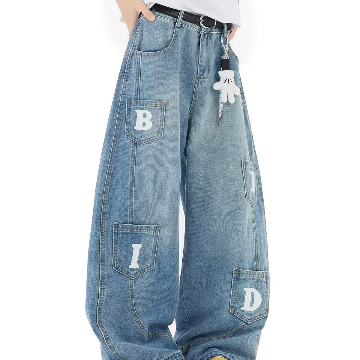 Washed Multi Pocket Design Curved Knife Denim Loose Pants