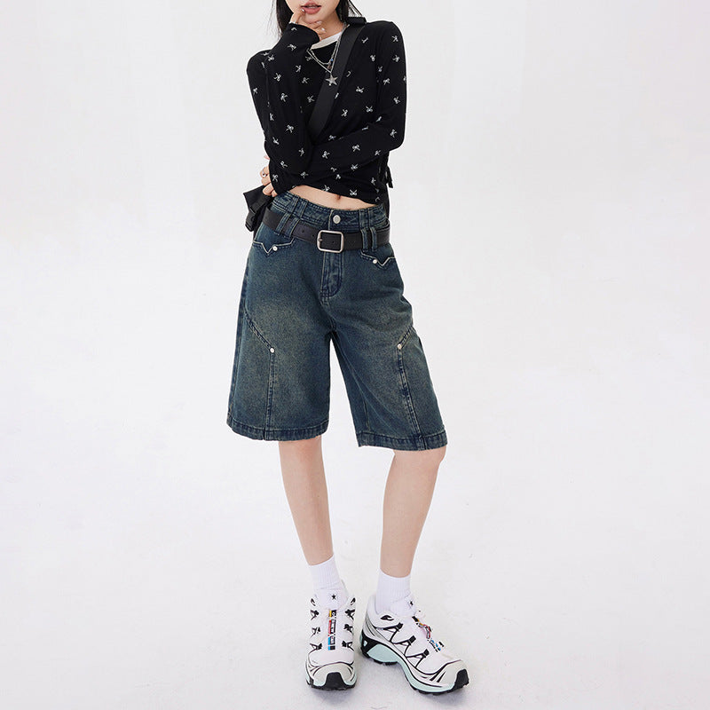 Women's High Waist Denim Shorts Five-Quarter Pants