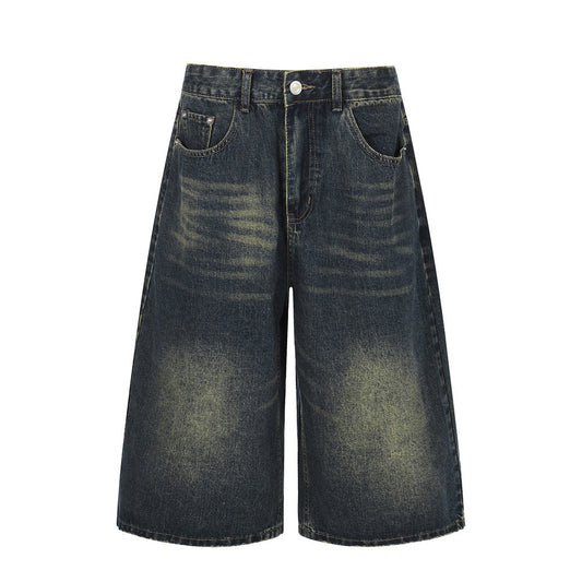 Vintage Blue Loose Denim Cropped Pants — Distressed Wash, Mid-Rise Loose Fit