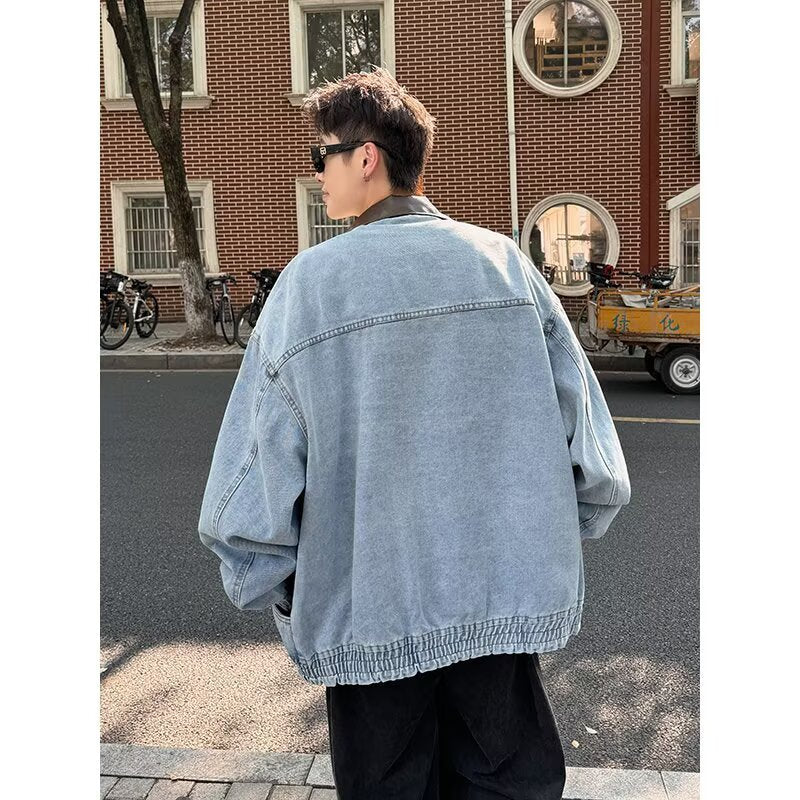 High Street Silhouette Washed Denim Color Blocked Lapel Jacket