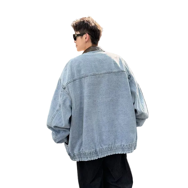 High Street Silhouette Washed Denim Color Blocked Lapel Jacket