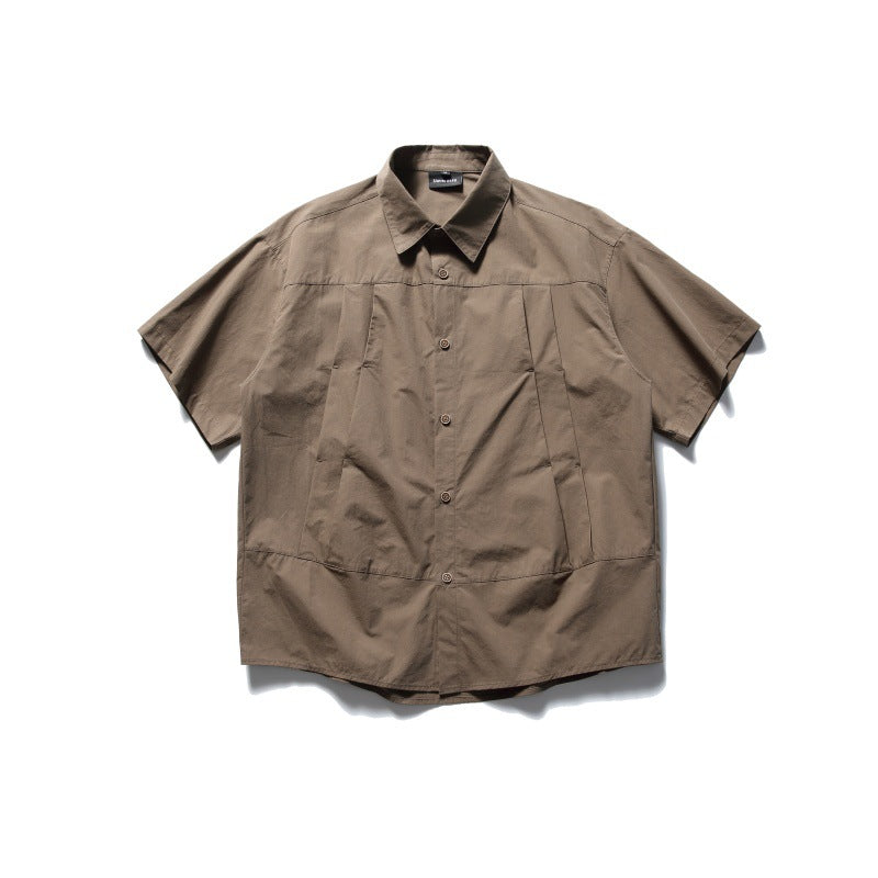 Solid Color Workwear Shirt -  Short Sleeved & Loose Fitting