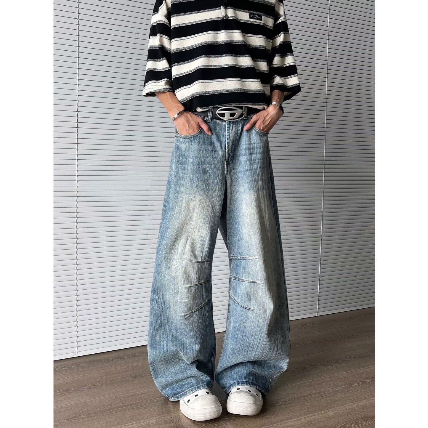 Bamboo Patterned Curved Knife Denim Loose Wide Leg Pants