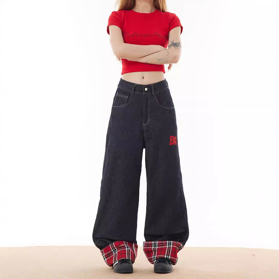Checkered Patchwork Rolled Edge Jeans - Premium Japanese Denim