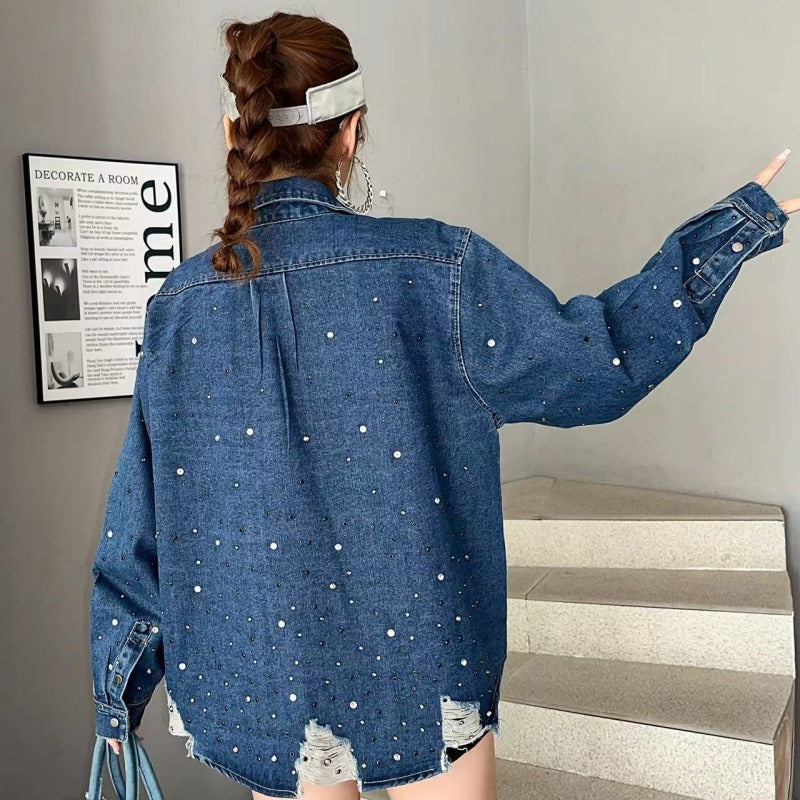 Heavy Industry Hot Diamond Denim Jacket for Women - Washed Retro Loose Top