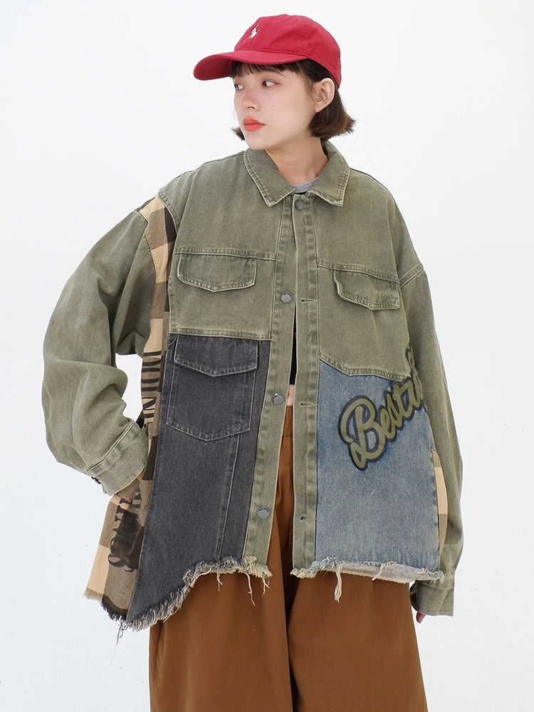 Irregular Patchwork Denim Coat for Women - Plaid Streetwear Oversized Jacket
