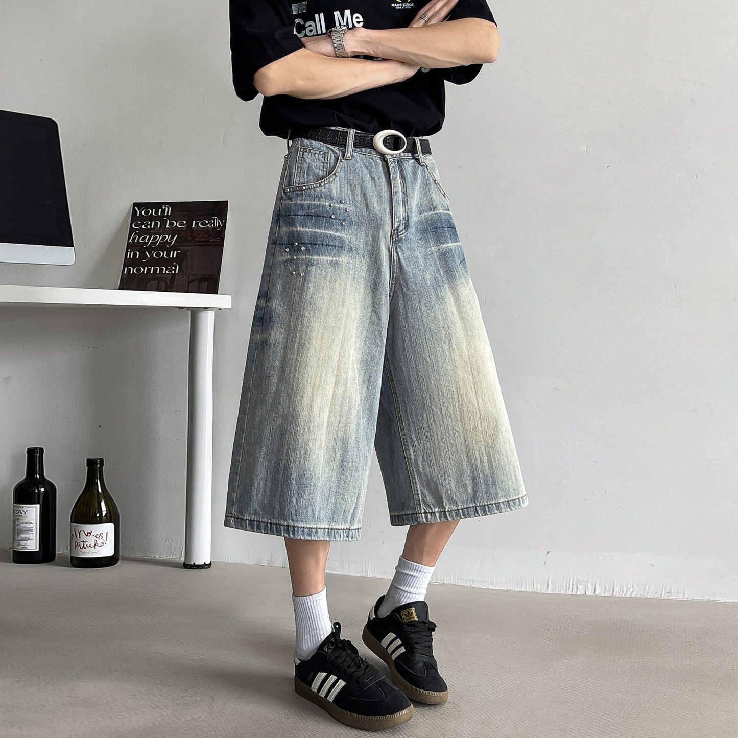 Retro Wide Leg Seven Quarter Denim Loose Casual Straight Leg Pants