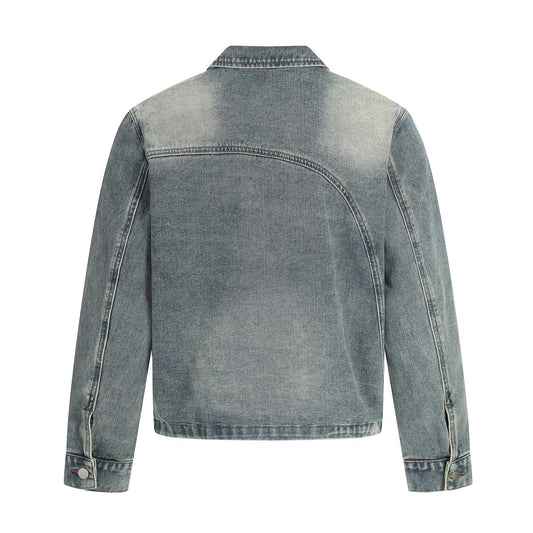 Unisex Distressed Patchwork Denim Jacket with Turn-Down Collar
