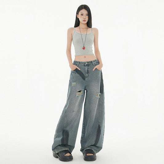 Women's Design Splicing and Frayed Wide-Leg Pants