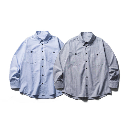 Patch Pocket Striped Long Sleeve Shirt - Loose Casual Versatile Dress Shirt