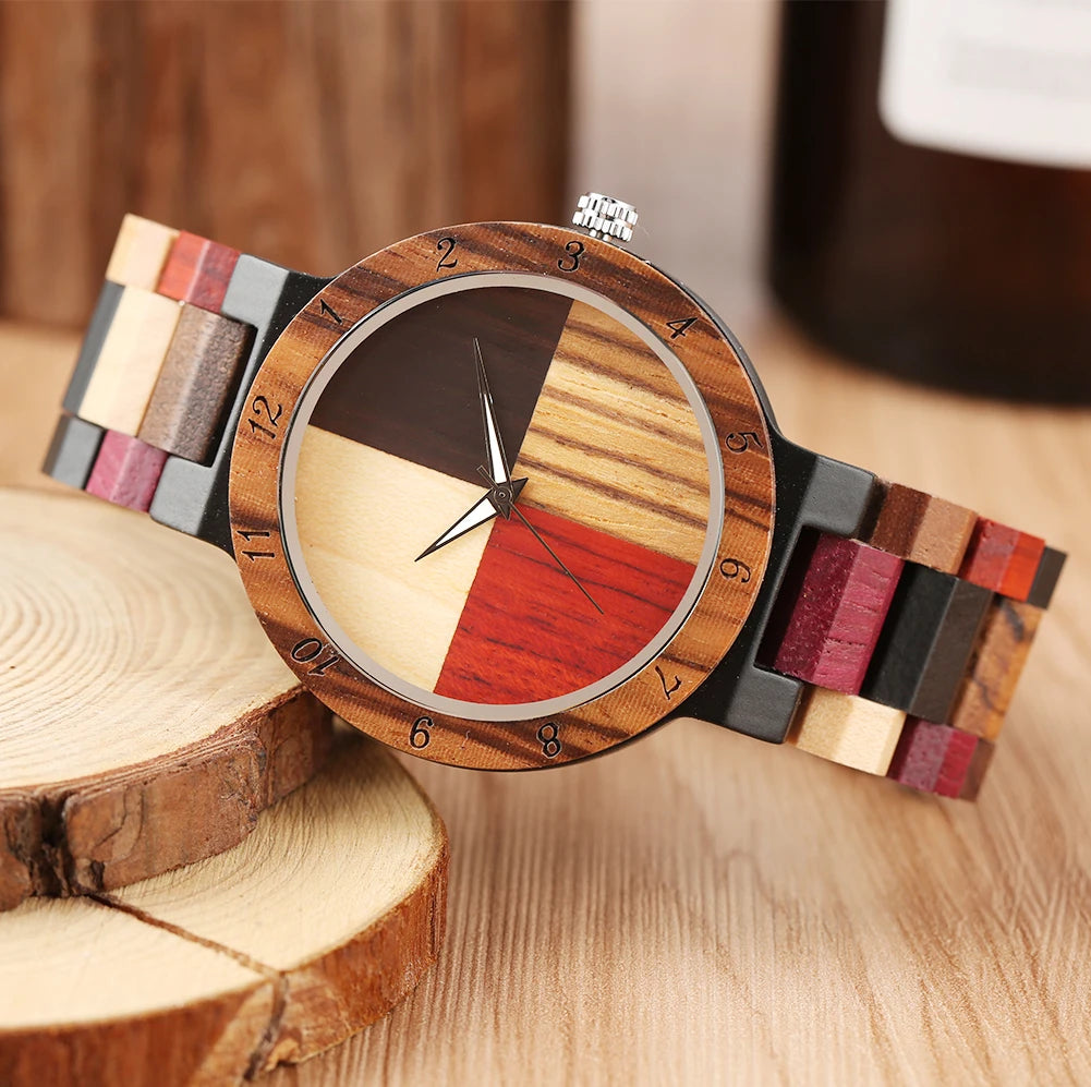 Vintage Wooden Dial Quartz Watch with Colorful Wooden Bangle Band