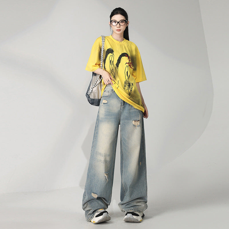 Distressed Washed Ripped Jeans for Women - Loose High Waist Slim Wide Leg Floor-Length Pants