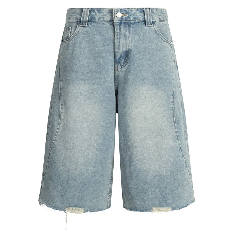 Vintage Washed Denim Shorts for Men - Loose Straight Leg Casual Pants