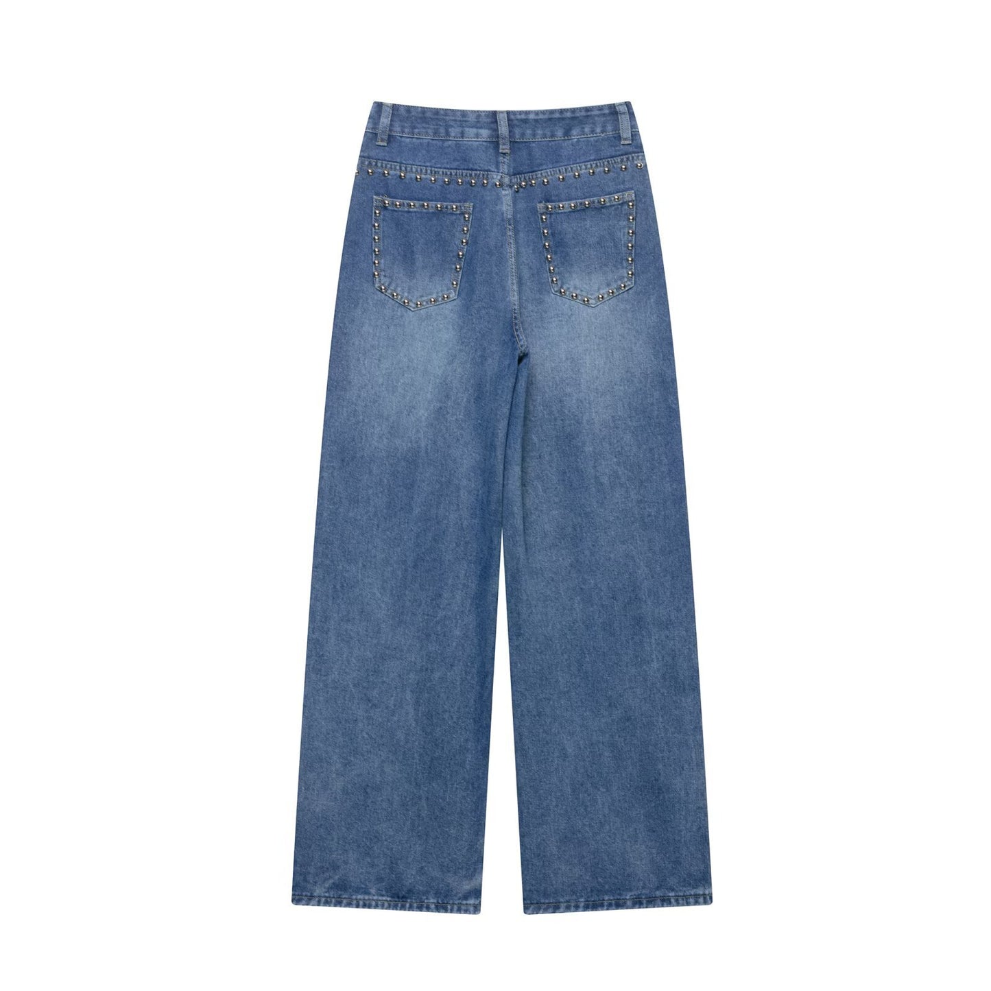 Casual Vintage Mid High Waisted Denim Wide Leg Pants for Women