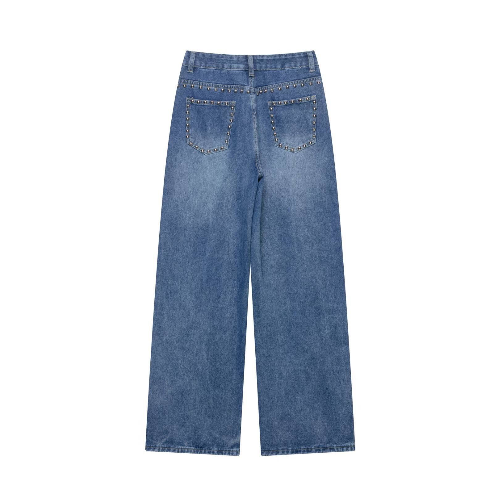 Casual Vintage Mid High Waisted Denim Wide Leg Pants for Women