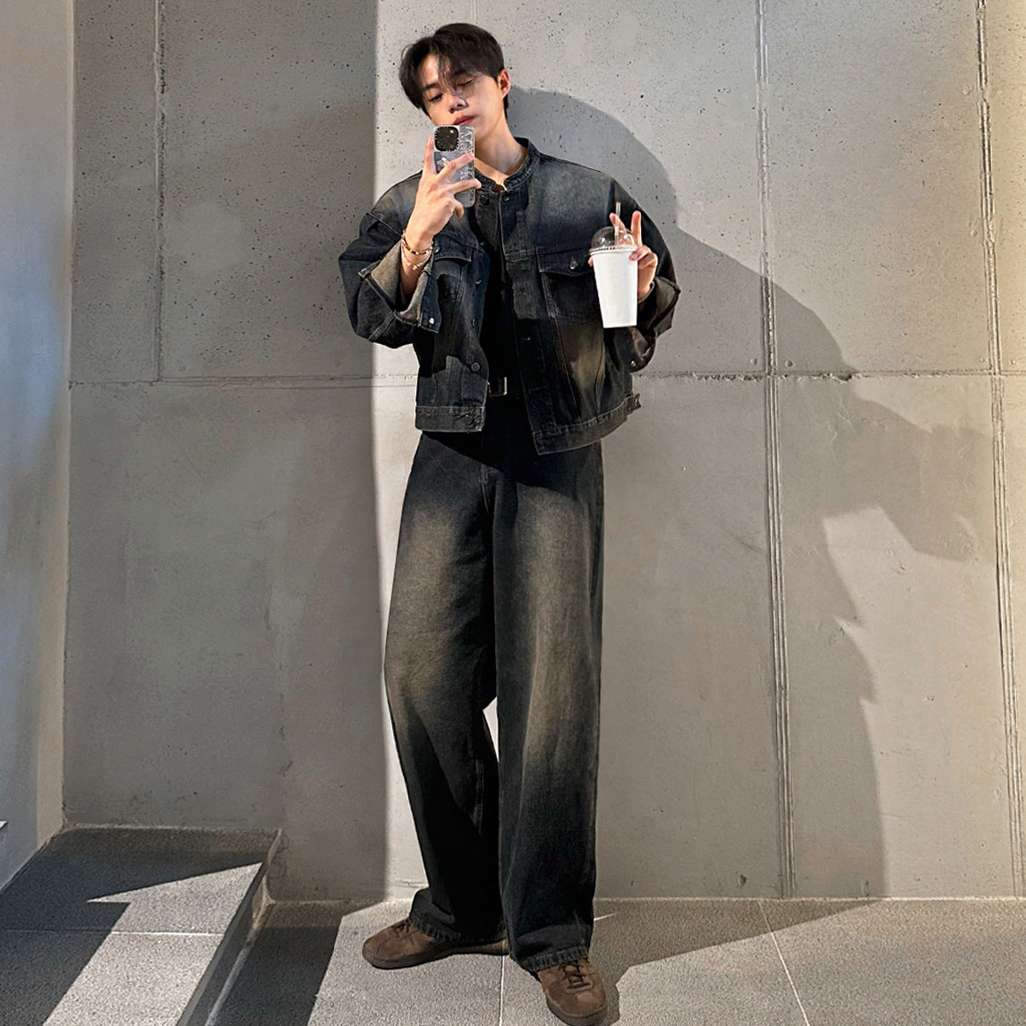 Retro Distressed Wide Leg Jeans Men's Spring Autumn Loose Denim Jacket Commute Fashion Set