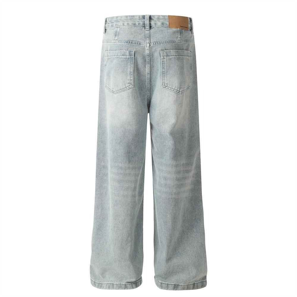 Men's Oversized Heavy Wash Denim Trousers with Pleats