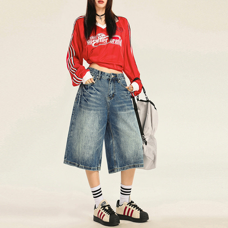 Women's Pattern Seven-Quarter Denim Pants - Washed Straight Leg Trousers