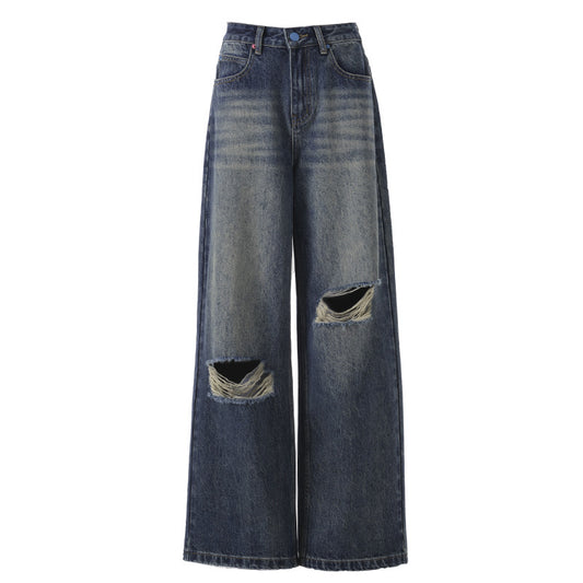 Women's Pocket Print High Waist Wide Leg Pants - Summer Slimming Distressed Denim Trousers
