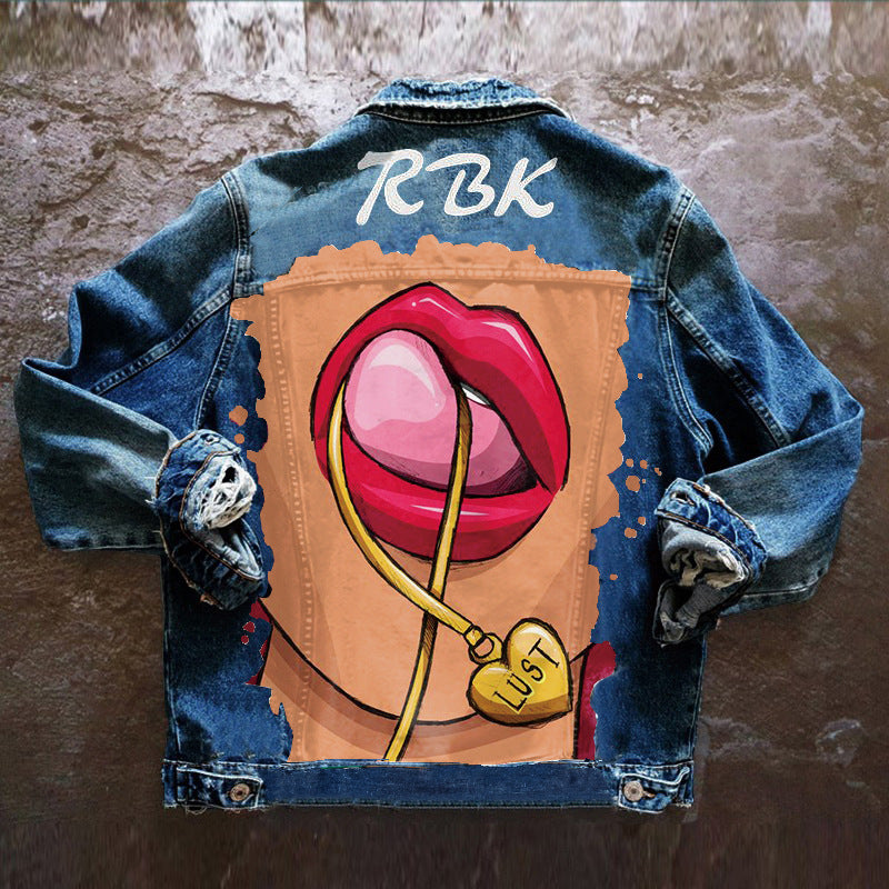 Women's Denim Jacket with Tongue Out Print